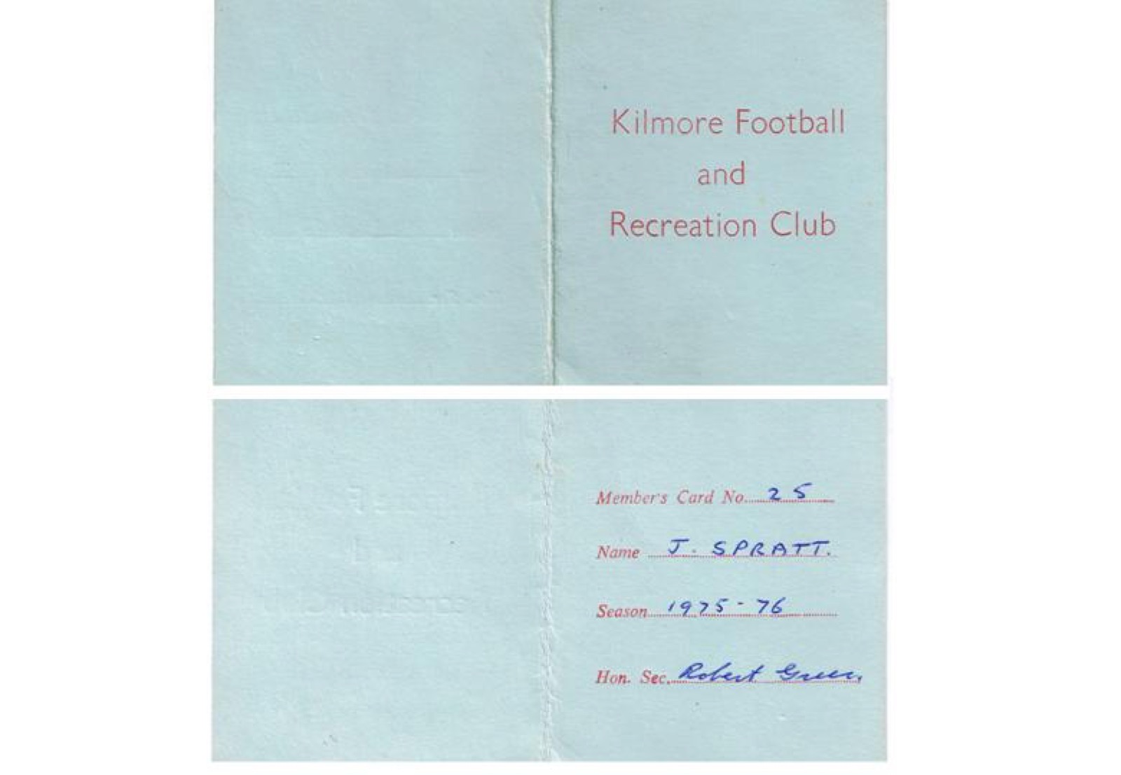 Member's card No. 25, issued to J. Spratt for the 1975–76 season and signed by Hon. Sec. Bobby Greer. The club's formal name: Kilmore Football and Recreation Club.