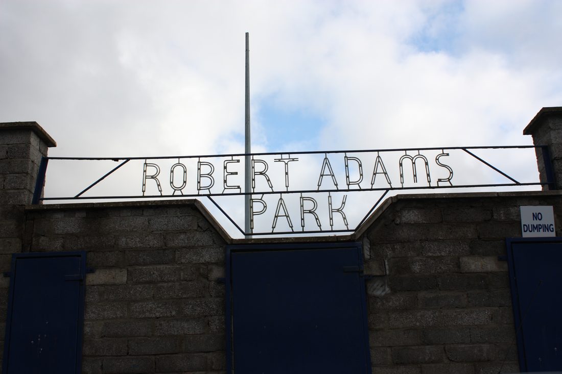 The gates at Robert Adams Park. The ground was renamed in 1998, months after his death, and the lettering has stood over the entrance ever since.