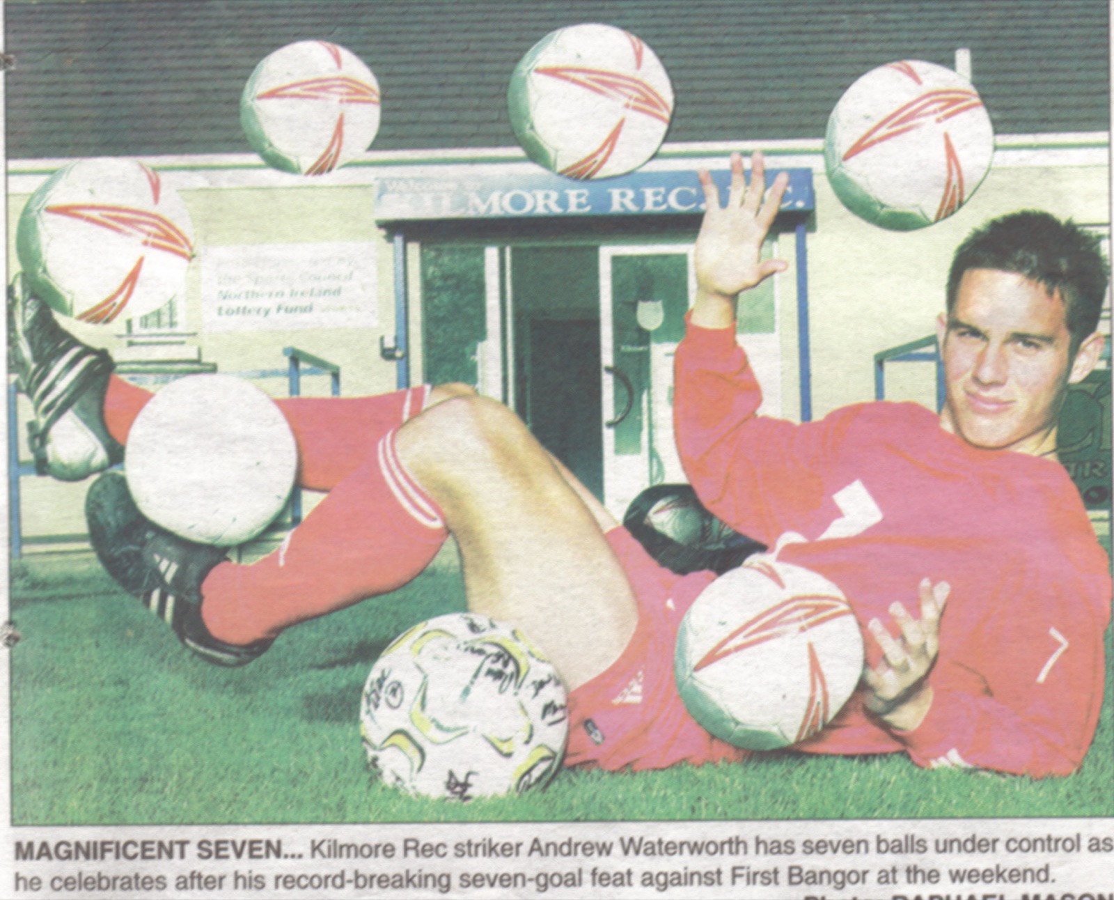 "MAGNIFICENT SEVEN": a teenage Andrew Waterworth after his record-breaking seven goals against 1st Bangor, photographed outside the clubhouse.